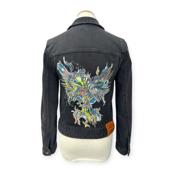 ZADIG & VOLTAIRE | XS | Kioky Eagle Distressed Grunge Denim Jacket In Noir - Picture 4 of 12